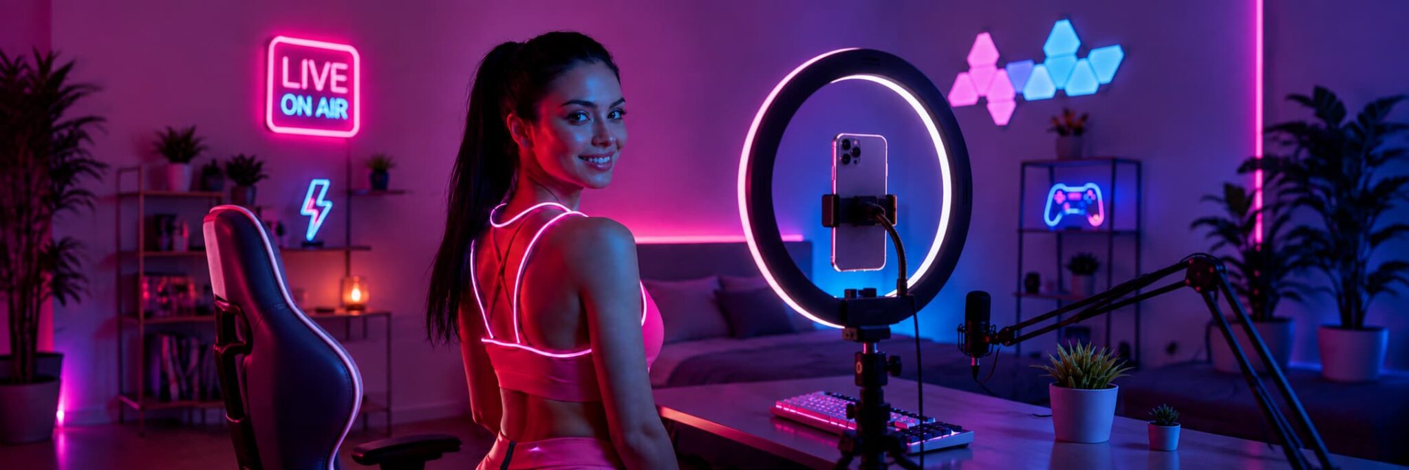 Streamer de BIGO Live, TikTok Live y Alii transmitiendo desde un estudio con aro de luz y celular